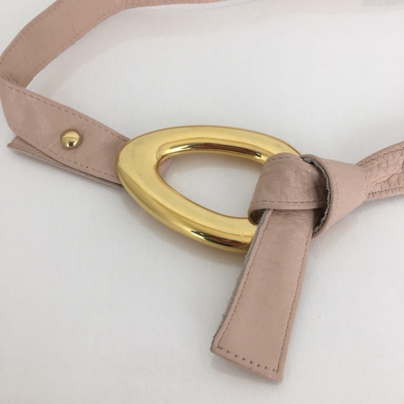 Vintage Alexis Kirk Thin Blush Pink Leather Belt Large Gold Buckle - Picture 12 of 12